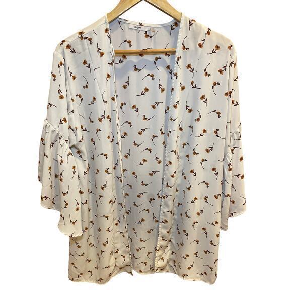 Mi Ami Kimono Shirt Women's Medium Ivory Floral Bell Sleeve Open‎ Front Boho - Picture 1 of 9